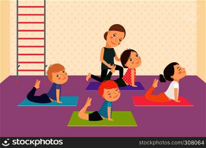 Kids yoga with Instructor. Sport lesson for children Vector illustration.. Kids yoga with Instructor.
