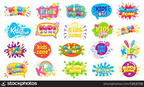 Kids zone badges. Kid play room label, colorful game area banner and funny badge vector set. Play zone area for child, children room emblem illustration. Kids zone badges. Kid play room label, colorful game area banner and funny badge vector set