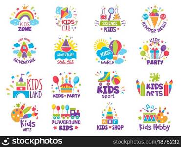 Kids zone badges. Logos for creative place for childrens playgrounds or toys shop vector symbols. Illustration zone playground and kidzone, cartoon childish area badge. Kids zone badges. Logos for creative place for childrens playgrounds or toys shop vector symbols