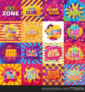 Kids zone banners, game room, play area vector set. Colorful cartoon design elements half tone, speech bubbles, stars and splashes with abstract waves, puzzle pieces and lines. Baby center, playground. Kids zone banners, game room, play area vector set