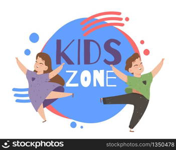Kids Zone Creative Poster with Happy Children and Colorful Typography with Geometric Design Elements. Playground Advertising Signboard, Area for Baby Games Activity. Cartoon Flat Vector Illustration. Kids Zone Creative Poster with Happy Children