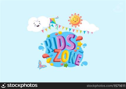 Kids zone play banner. Playground for children with games and cartoons colorful happy place of leisure bright logo playroom fun entertainment for very vector young.. Kids zone play banner. Playground for children with games and cartoons colorful happy place.