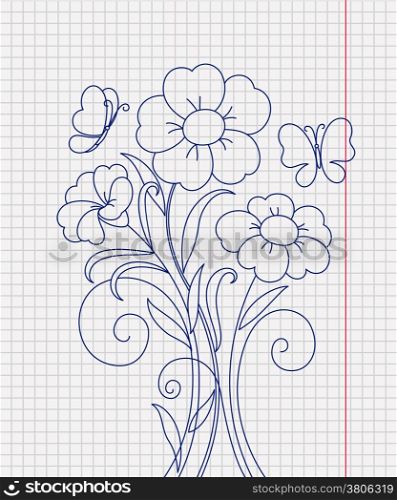 Kidstyle pencil drawn vector illustration with flowers and butterflies