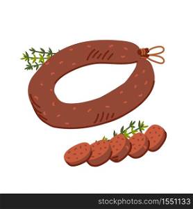 Kielbasa sausage. Meat delicatessen on white background. Slices of typical polish U-shaped smoked sausage. Simple flat style vector illustration. Kielbasa sausage. Meat delicatessen on white background. Slices of typical polish U-shaped smoked sausage. Simple flat style vector illustration.