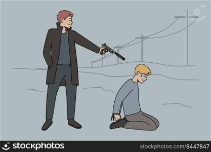 Killer holding gun in hands make control headshot in victim head. Gangster threaten man with hands tied. Crime and revenge concept. Vector illustration.. Killer holding gun to victim head
