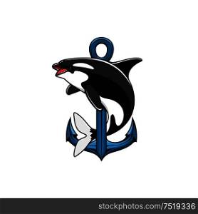 Killer Whale and Anchor icon. Heraldic emblem. Vector nautical shield for template, t-shirt, sign. Killer Whale and Anchor. Heraldic icon