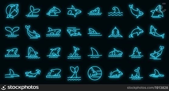 Killer whale icons set. Outline set of killer whale vector icons neon color on black. Killer whale icons set vector neon