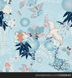 Kimono background with crane and flowers vector illustration