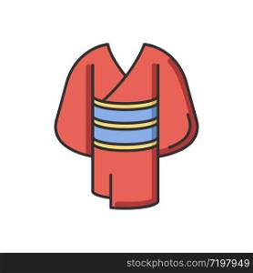 Kimono red RGB color icon. Traditional japanese dress with obi belt. Oriental yukata. Ethnic asian clothing. Maiko outfit. National chinese apparel. Clothing in Kyoto. Isolated vector illustration