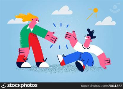 Kind girl give hand to male friend fall down show care and support in life situation. Happy woman help man stand up. Offering aid to people in need. Good deed concept. Flat vector illustration. . Kind girl help male friend stand up