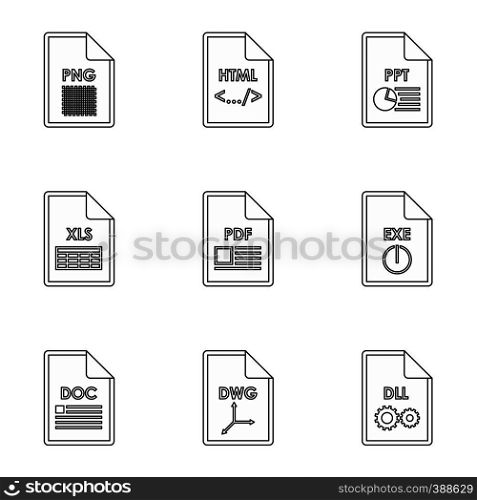 Kind of files icons set. Outline illustration of 9 kind of files vector icons for web. Kind of files icons set, outline style