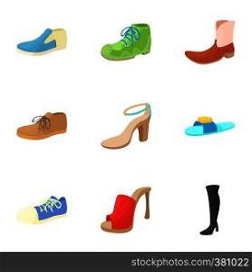 Kind of shoes icons set. Cartoon illustration of 9 kind of shoes vector icons for web. Kind of shoes icons set, cartoon style