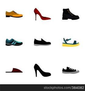 Kind of shoes icons set. Flat illustration of 9 kind of shoes vector icons for web. Kind of shoes icons set, flat style