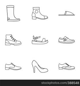 Kind of shoes icons set. Outline illustration of 9 kind of shoes vector icons for web. Kind of shoes icons set, outline style