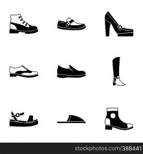 Kind of shoes icons set. Simple illustration of 9 kind of shoes vector icons for web. Kind of shoes icons set, simple style