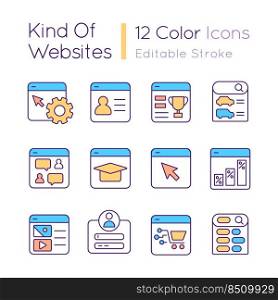 Kind of websites RGB color icons set. Content management system. Ecommerce, elearning. Isolated vector illustrations. Simple filled line drawings collection. Editable stroke. Quicksand-Light font used. Kind of websites RGB color icons set
