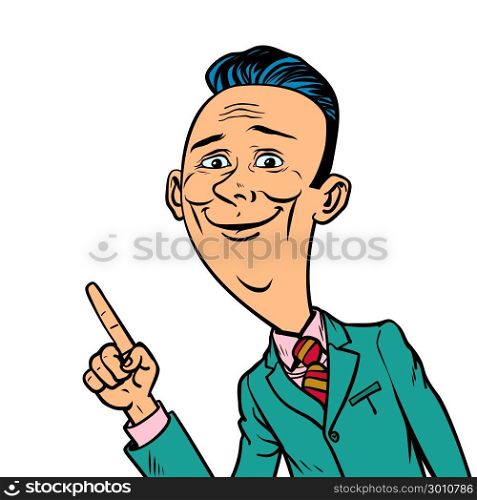 kind smiling businessman points finger gesture. Comic book cartoon pop art retro vector illustration drawing. kind smiling businessman points finger gesture