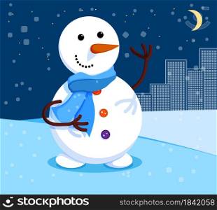 kind snowman stands at night under the moon. Winter cityscape and snowman. Meeting of Christmas and New Year. Winter fun. Cartoon vector