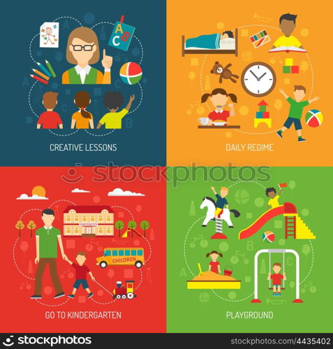Kindergarten 2x2 Concept. Creative lessons daily regime go to kindergarten and playground 2x2 concept flat vector illustration