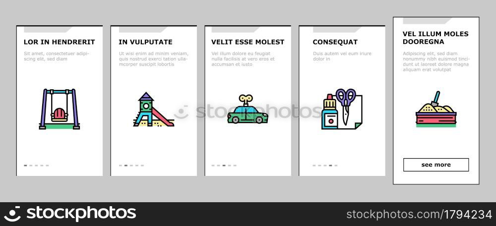 Kindergarten Activity Onboarding Mobile App Page Screen Vector. Kindergarten Sleeping And Walking Time, Mathematics And Painting Studying Lesson, Puzzle Jigsaw And Toy Illustrations. Kindergarten Activity Onboarding Icons Set Vector