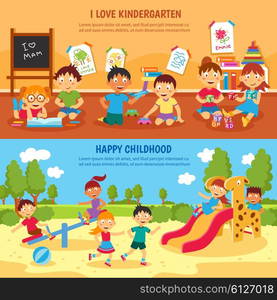 Kindergarten banner set. Kindergarten horizontal banner set with happy children isolated vector illustration