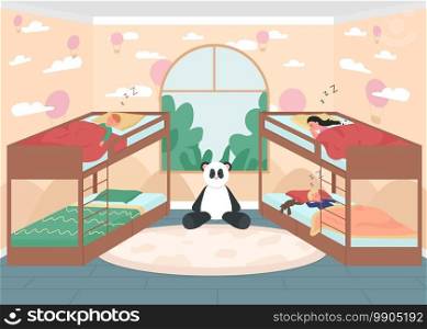 Kindergarten bed time flat color vector illustration. Preschool childcare. Daytime naptime for children. Boys and girl in bunk beds. Sleeping kids 2D cartoon characters with window on background. Kindergarten bed time flat color vector illustration