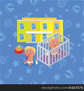 Kindergarten Building Isolated. Boy and Girl. Kindergarten building isolated. Boy and girl playing near by. Modern building for children. Preschool kids education. Parenthood concept. Nursery. Part of series of lifelong learning. Vector