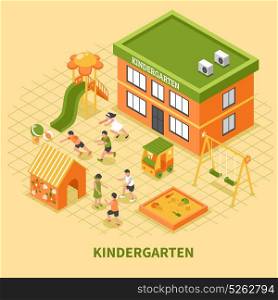 Kindergarten Building Isometric Composition. Kindergarten building isometric composition with kids group busy in sport and mobile games on playground vector illustration
