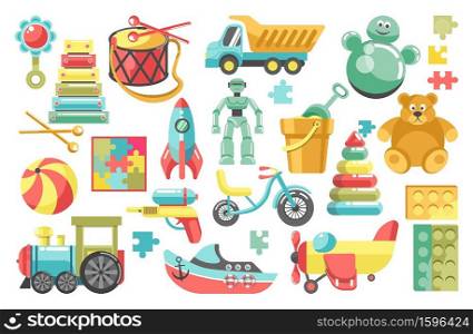 Kindergarten childish toys, child games, isolated objects vector. Rattle and xylophone, drum and truck, jigsaw and ball, ship and train, bicycle. Rocket and robot, bucket and pyramid, bear and plane. Childish toys from kindergarten, bear and pyramid, train and truck