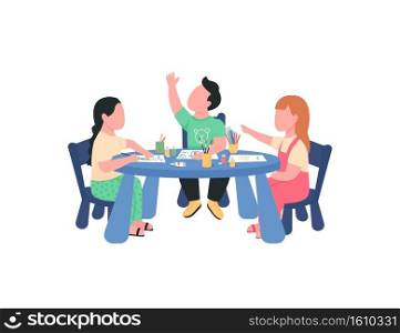 Kindergarten children during art class flat color vector faceless characters. Kids painting at table. Preschool drawing class isolated cartoon illustration for web graphic design and animation. Kindergarten children during art class flat color vector faceless characters