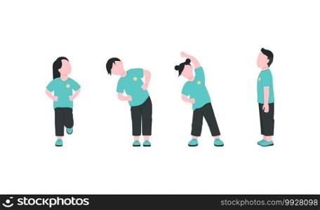 Kindergarten children exercising flat color vector faceless characters set. Boys and girl doing aerobics. Preschool kids isolated cartoon illustration for web graphic design and animation collection. Kindergarten children exercising flat color vector faceless characters set