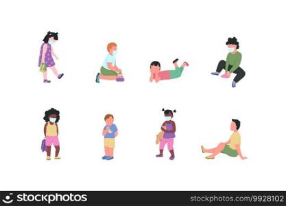 Kindergarten children flat color vector faceless characters set. Preschool kids in medical mask. New normal isolated cartoon illustration for web graphic design and animation collection. Kindergarten children flat color vector faceless characters set