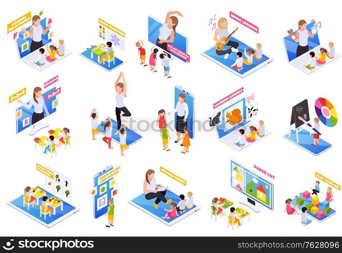 Kindergarten children home education on laptop smartphone screen with reading math drawing online isometric set vector illustration