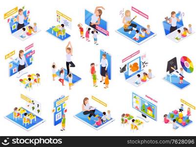 Kindergarten children home education on laptop smartphone screen with reading math drawing online isometric set vector illustration