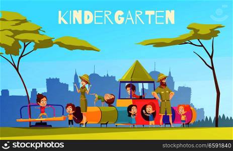 Kindergarten children playground composition with urban scenery silhouettes and group of pre-schoolers with nursery teachers vector illustration. Kindergarten Playing Ground Composition