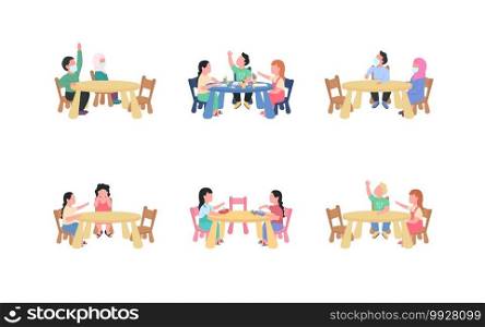 Kindergarten children sitting at table flat color vector faceless characters set. Elementary grade lesson. Preschool class isolated cartoon illustration for web graphic design and animation collection. Kindergarten children sitting at table flat color vector faceless characters set