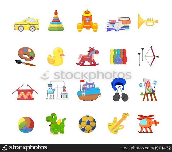 Kindergarten children toys. Baby plastic toy, cartoon toddler drum. Kid car and ball, cute dinosaur and horse. Isolated play elements vector set. Kindergarten toy for boy and girl, duck and helicopter. Kindergarten children toys. Baby plastic toy, cartoon toddler drum. Kid car and ball, cute dinosaur and horse. Isolated play elements decent vector set
