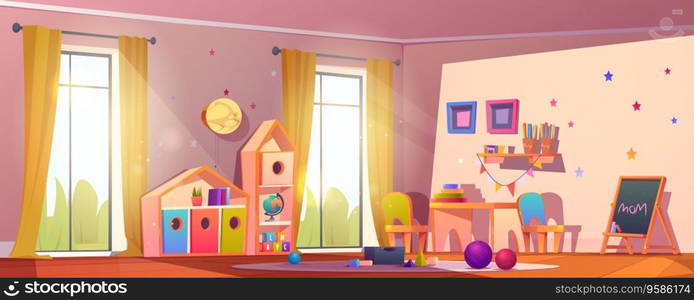 Kindergarten classroom or nursery playroom cartoon background. Toy for kid, painting board and table furniture in preschool daycare interior illustration. Cute toddler baby recreation space drawing. Kindergarten classroom or nursery playroom cartoon