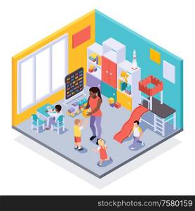 Kindergarten classroom playful learning environment interior isometric view with children moving around playing with teacher vector illustration