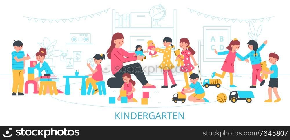 Kindergarten composition with flat silhouette scenery of nursery school with teacher and kids playing with toys vector illustration