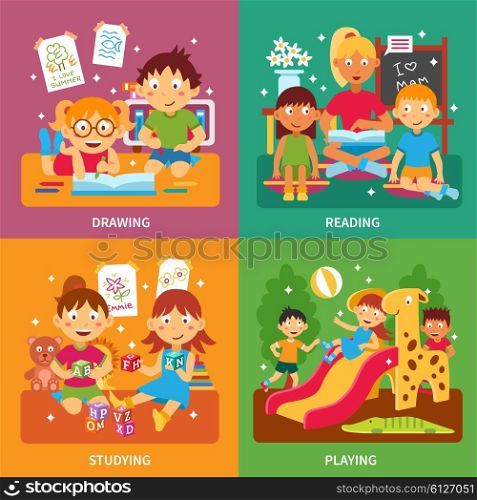 Kindergarten concept set. Kindergarten design concept set with children drawing readign studying and playing isolated vector illustration
