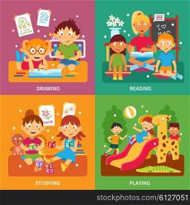 Kindergarten concept set. Kindergarten design concept set with children drawing readign studying and playing isolated vector illustration