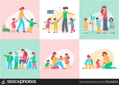 Kindergarten design concept with set of square compositions with human characters of kids and nursery teacher vector illustration