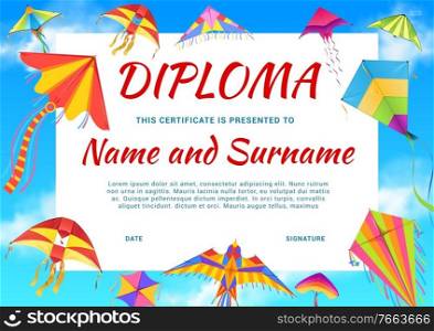 Kindergarten diploma, school certificate with color kites. Kids diploma for participation, education graduation award or holiday invitation template. Flying in sky different paper kites cartoon vector. Kindergarten diploma, certificate with color kites