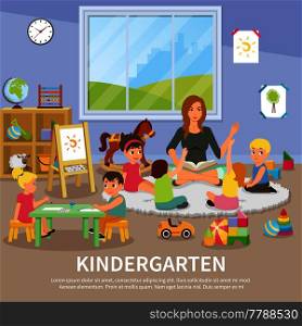 Kindergarten flat composition with educator working with children, kids during drawing, colorful toys, interior elements vector illustration . Kindergarten Flat Composition