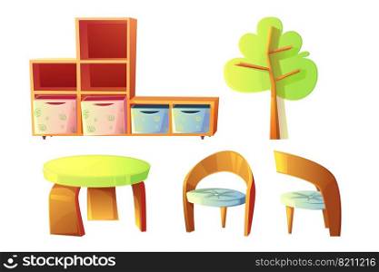 Kindergarten furniture, set cartoon vector illustrations. Wooden furniture for childrens play or class room, desk, chairs, empty bookshelves and cabinet with drawers, isolated on white background. Kindergarten furniture for childrens class room