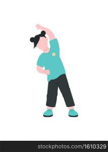 Kindergarten girl exercising flat color vector faceless character. Child stretching. Physical health. Preschool gym class isolated cartoon illustration for web graphic design and animation. Kindergarten girl exercising flat color vector faceless character