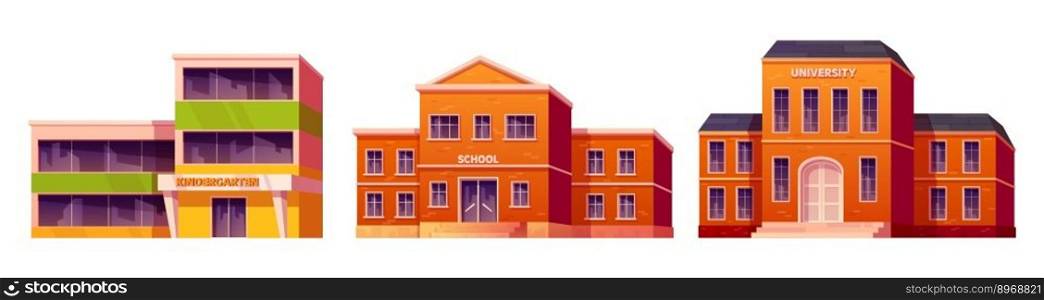 Kindergarten, high school and university building vector illustration set. Education house exterior cartoon design isolated on white background. Front view municipal preschool department.. Kindergarten, school and university building set