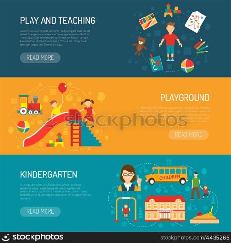 Kindergarten Horizonta Banners. Horizontal banners presenting kindergarten itself play and teaching with boy and playground with playing children flat vector illustration