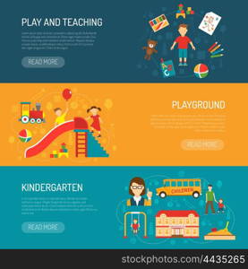 Kindergarten Horizonta Banners. Horizontal banners presenting kindergarten itself play and teaching with boy and playground with playing children flat vector illustration